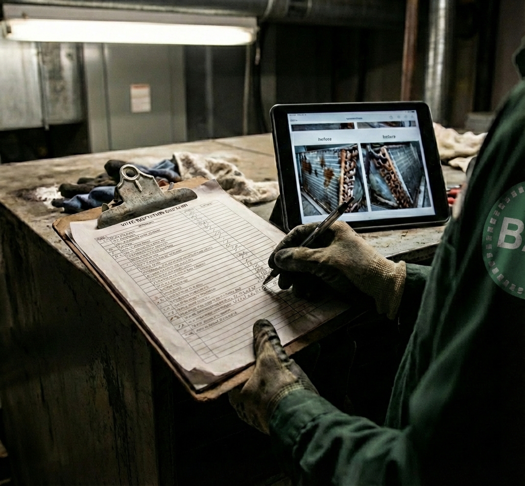 Technician documenting coil before/after with checklist