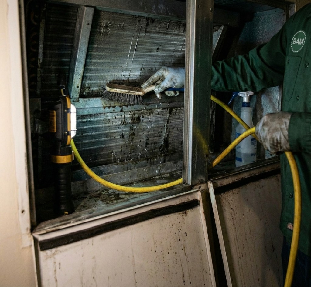 Technician cleaning coil surface